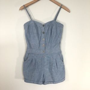 Denim Sweetheart Button Front Striped Romper